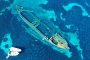 sunken ship snorkelling aerial drone photo