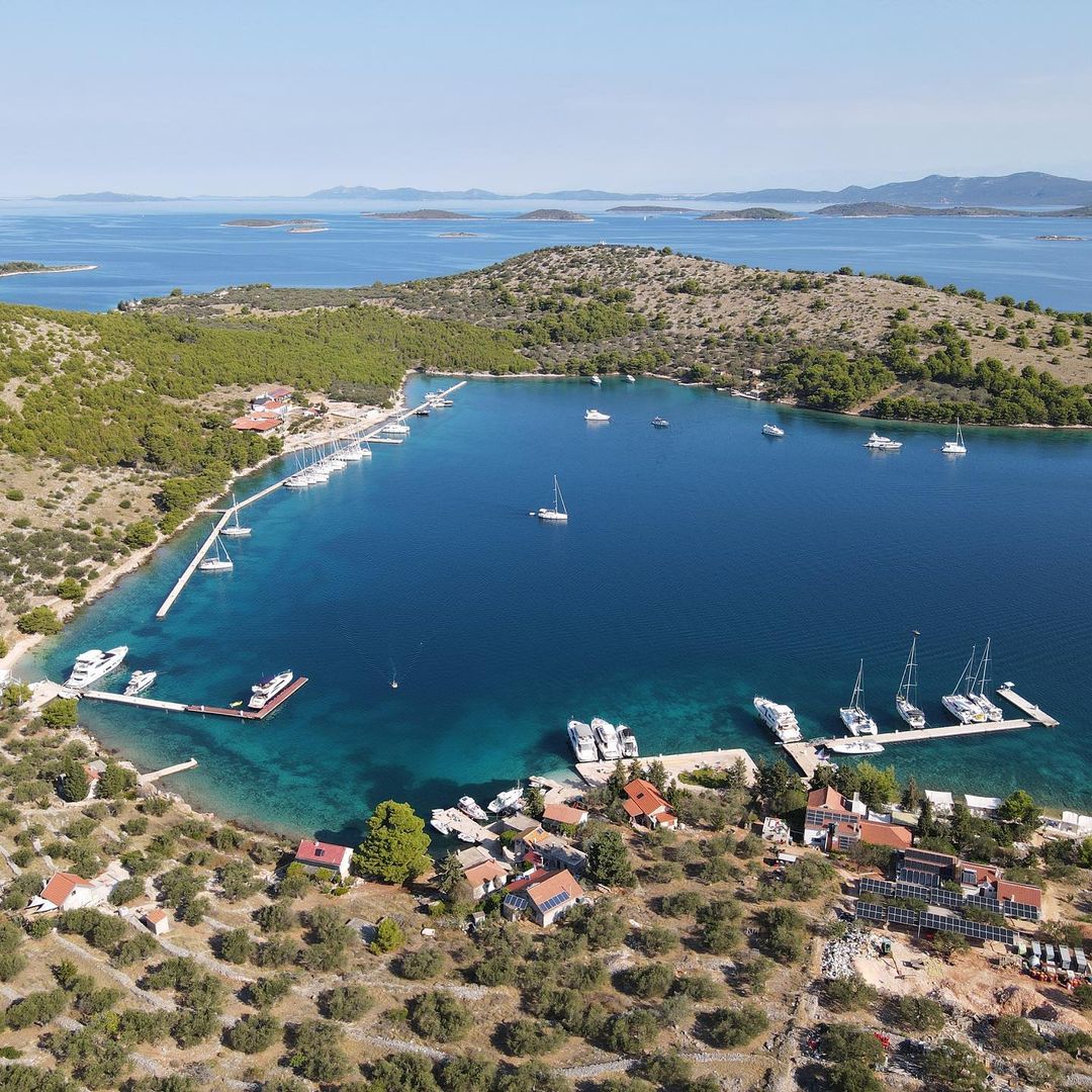 Moor in ACI marina Žut island yacht bay aerial view