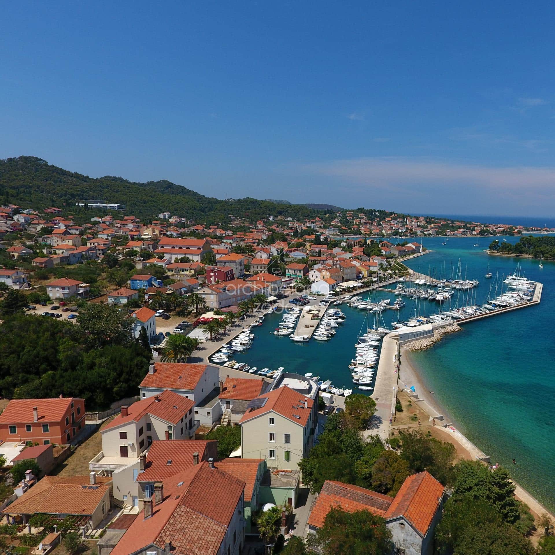 Preko village on Ugljan Island aerial photo