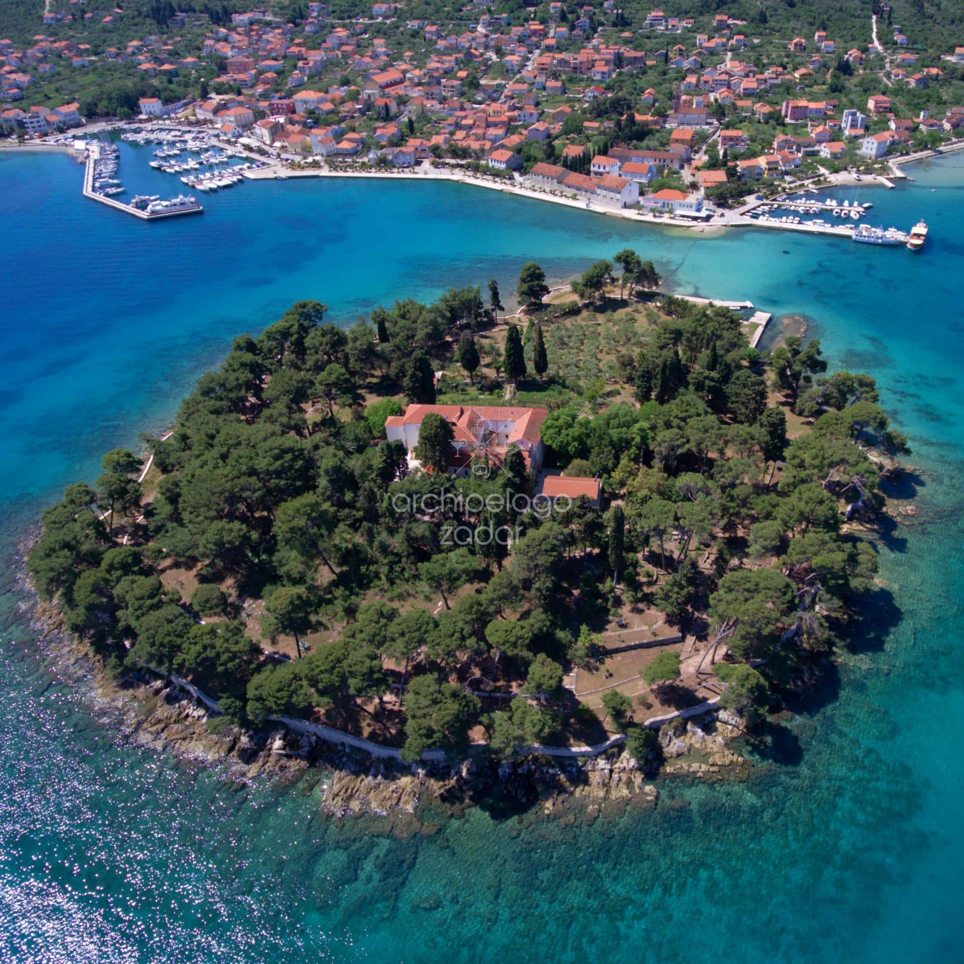 galevac island monastrey aerial view